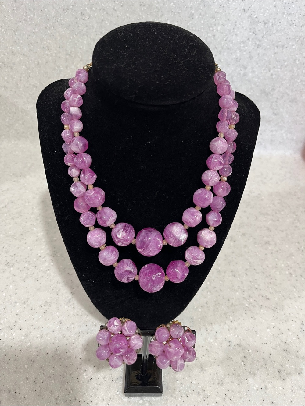 Marbled Purple/White Lucite 2 Strand Necklace & Round Cluster Clip On Earrings